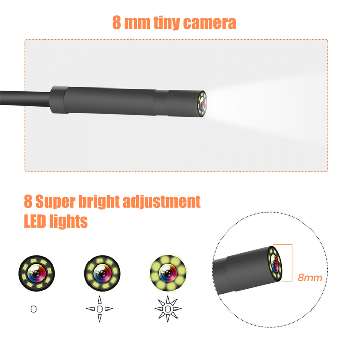 Camera Endoscop industrial, 4.3'', 1080P, 5M, LED, 2600mAh, Impermeabil, Negru/Portocaliu [3]