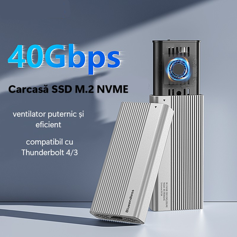 Adaptor SSD M.2 NVMe Blueendless, 40Gbps, Răcire Activă cu Ventilator, Compatibil Thunderbolt 43, Suport până la 8TB, Aluminiu, USB 4.0, Transfer Ultra Rapid [2]
