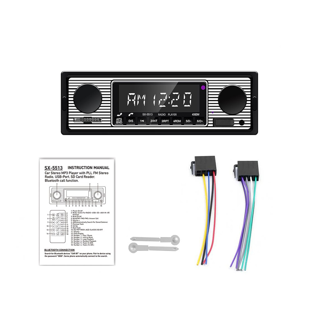 Casetofon Auto MP3 Player, Stil Vintage cu Bluetooth, AUX, Card SD, Universal 1DIN [7]