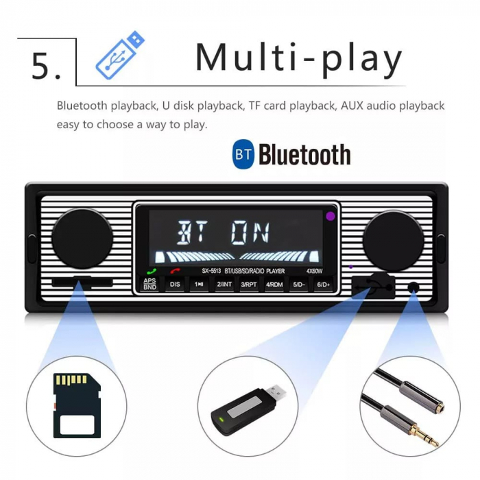 Casetofon Auto MP3 Player, Stil Vintage cu Bluetooth, AUX, Card SD, Universal 1DIN [2]
