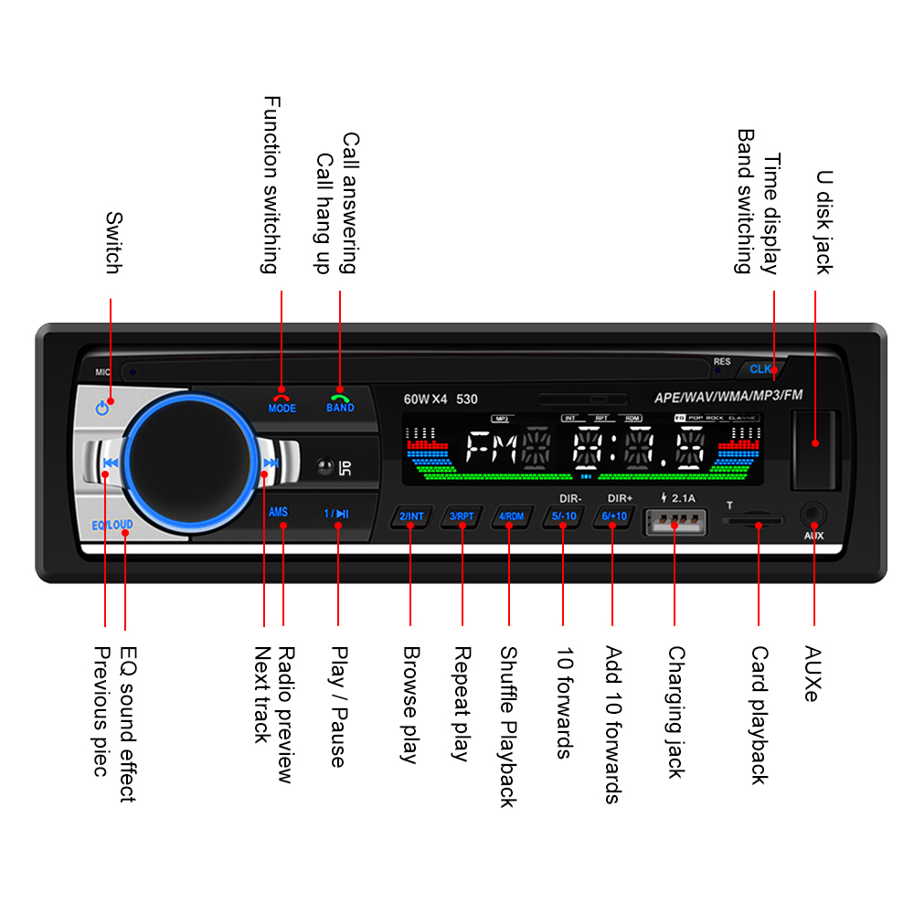 Casetofon auto universal, MP3 PLAYER 1DIN, 60W X4, Bluetooth,USB, CARD SD, AUX, intrare RCA subwoofer [11]