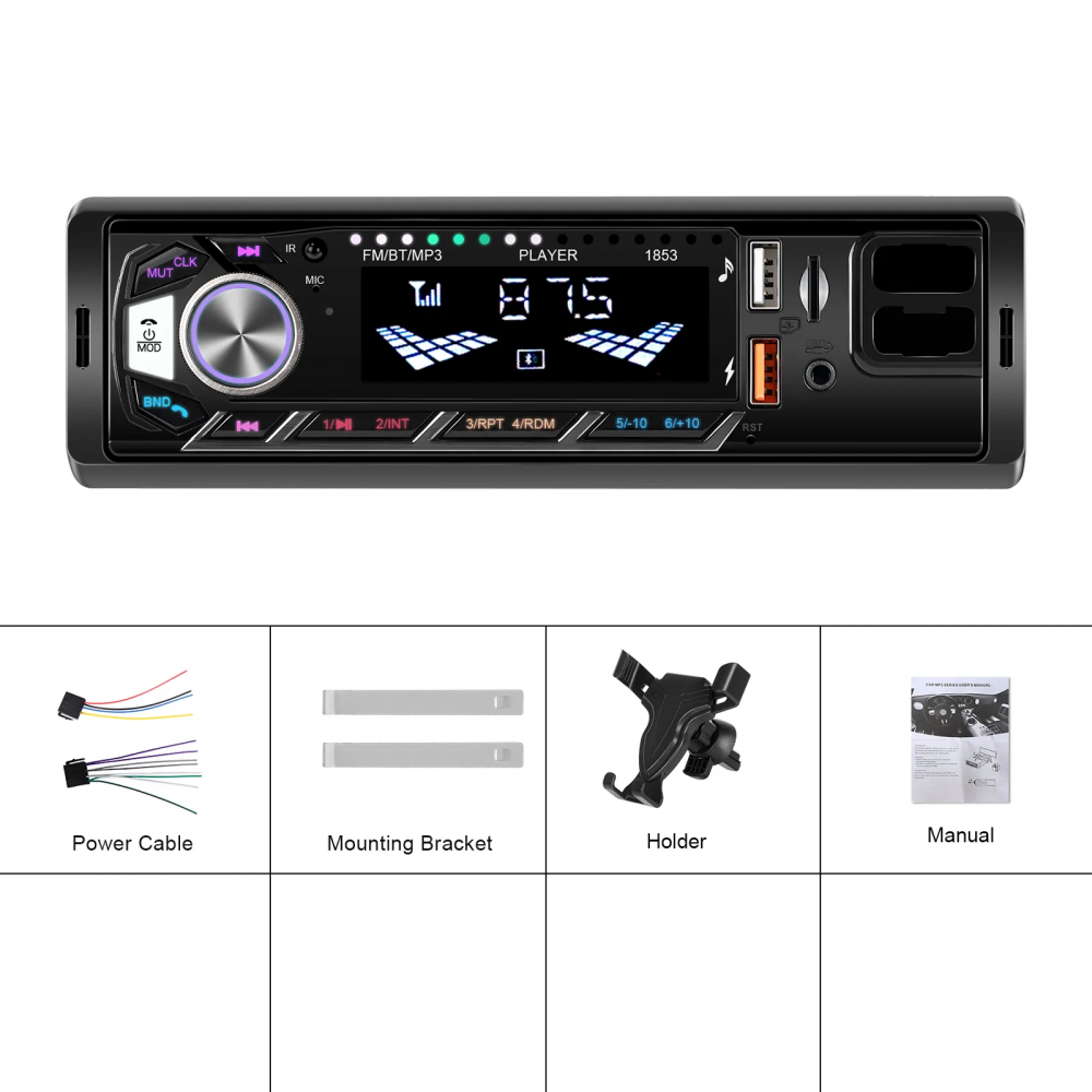 Casetofon, MP3 Player Auto 1DIN, cu Bluetooth, USB date si Fast charger, Card SD, AUX, RCA Subwoofer + Suport telefon integrat [11]