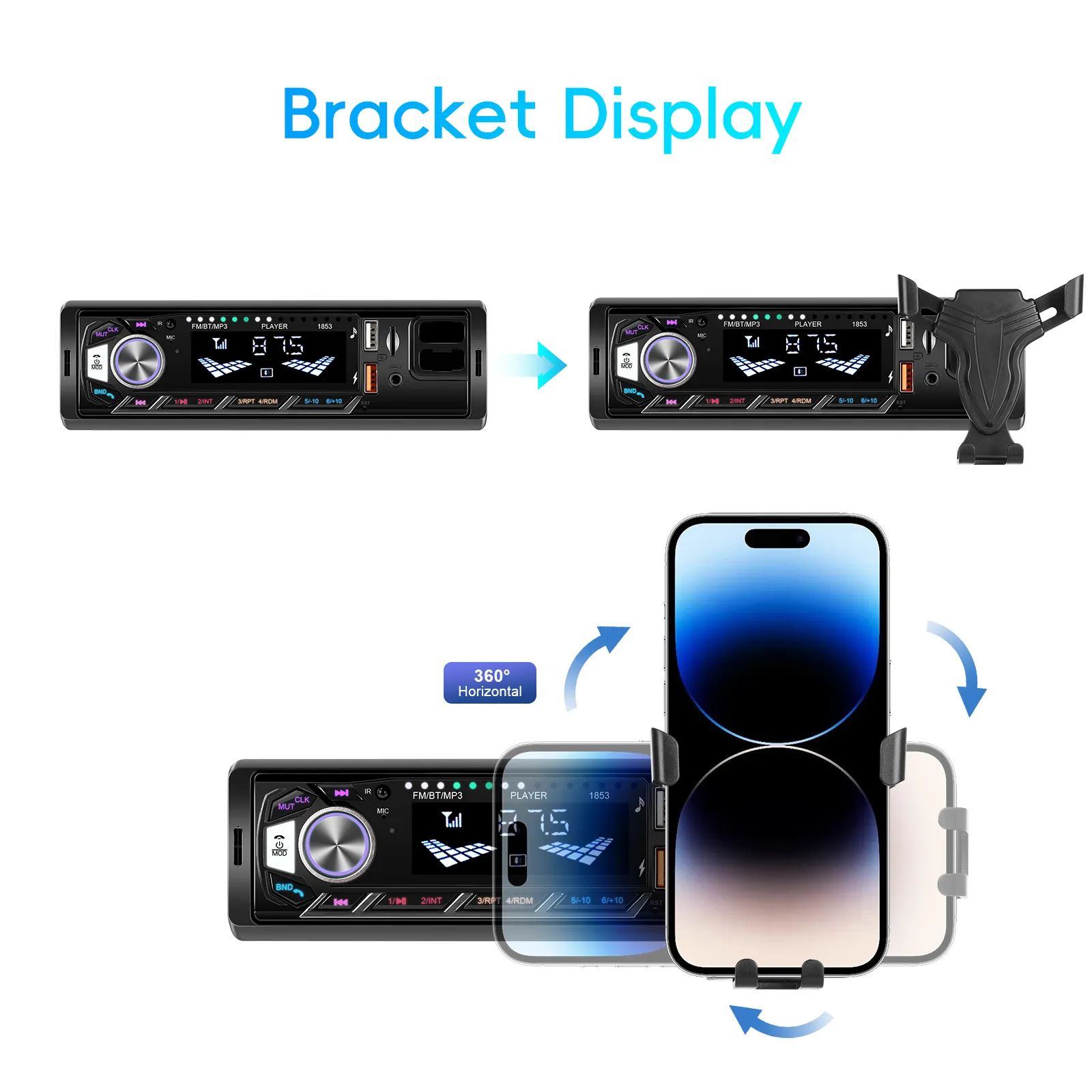 Casetofon, MP3 Player Auto 1DIN, cu Bluetooth, USB date si Fast charger, Card SD, AUX, RCA Subwoofer + Suport telefon integrat [2]