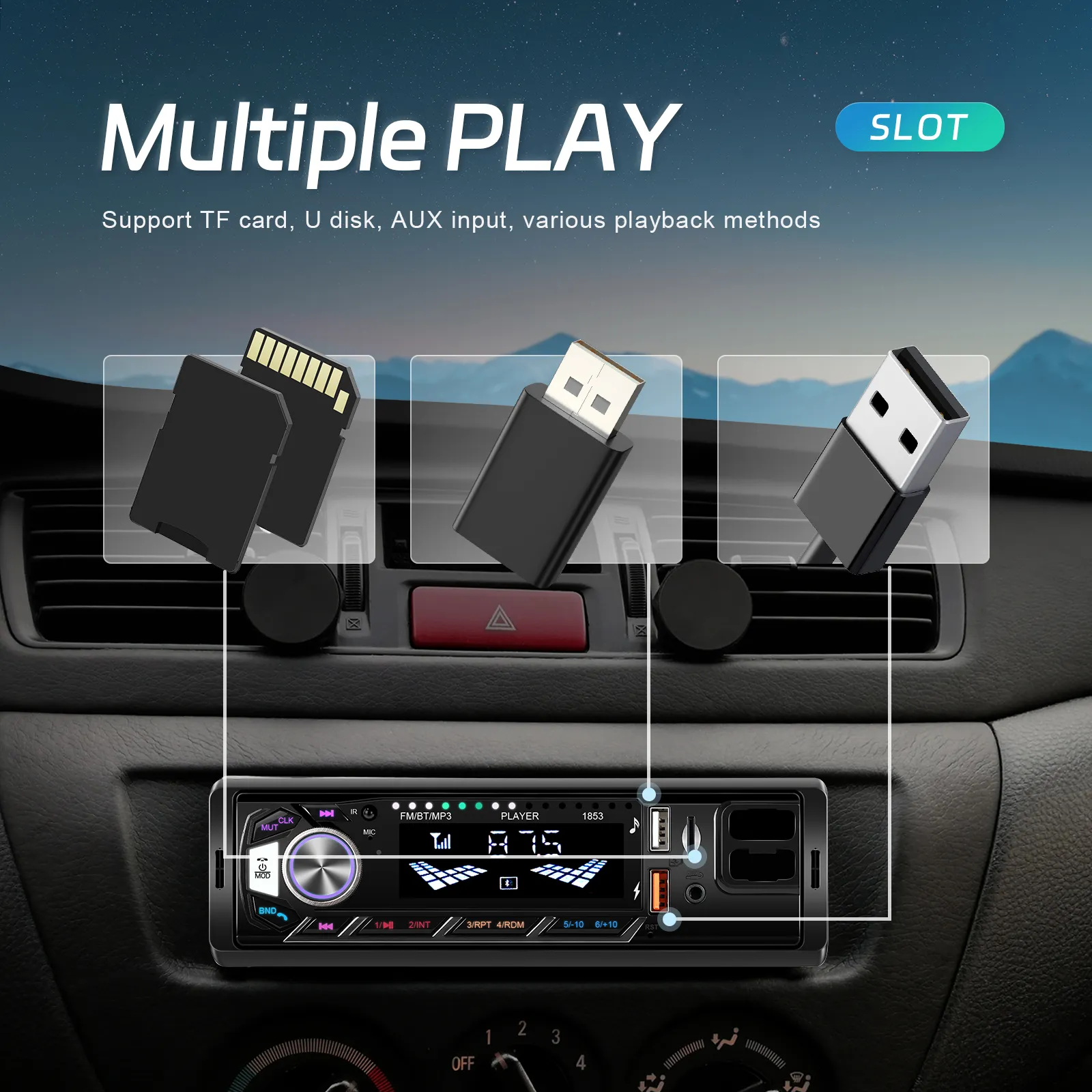 Casetofon, MP3 Player Auto 1DIN, cu Bluetooth, USB date si Fast charger, Card SD, AUX, RCA Subwoofer + Suport telefon integrat [8]