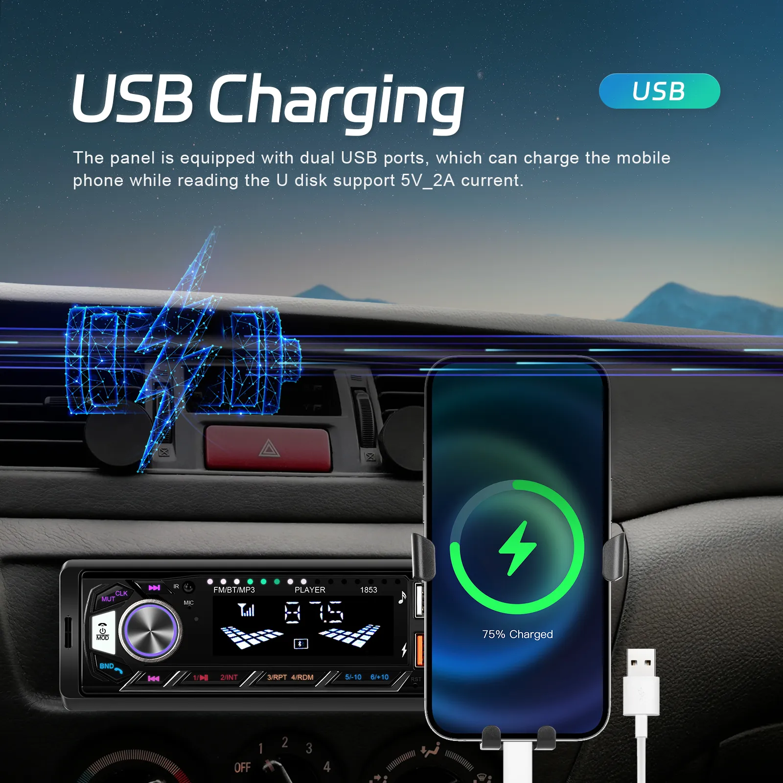 Casetofon, MP3 Player Auto 1DIN, cu Bluetooth, USB date si Fast charger, Card SD, AUX, RCA Subwoofer + Suport telefon integrat [10]