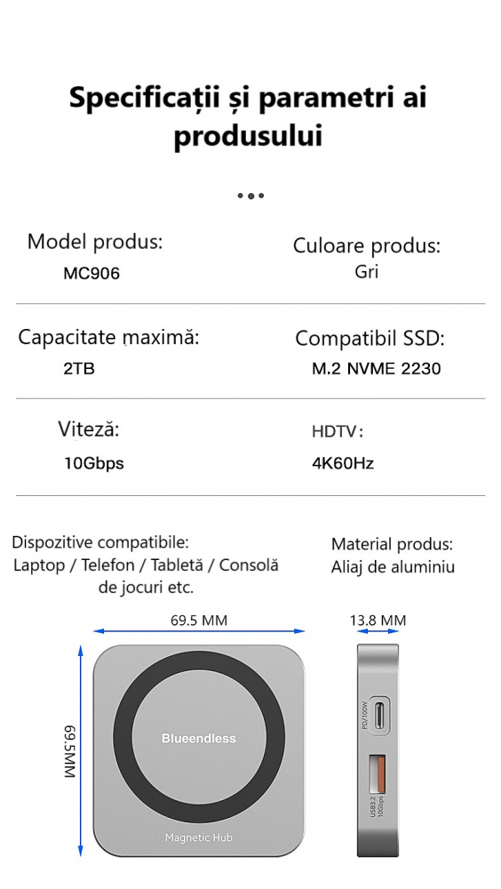 Cititor Magnetic SSD Hub USB-C Suport NVMe M.2 2230 10Gbps 100W PD HDMI 4K60Hz Aluminiu Premium MC906 [12]