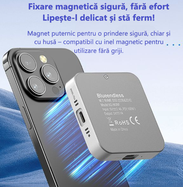 Cititor SSD NVMe 22302242 cu Încărcare PD 100W USB C 10Gbps Ventilator Magnetic Compatibil iPhone Mac Windows Android [3]