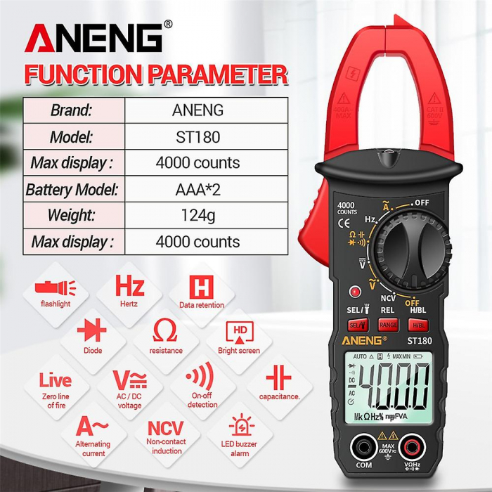Clampermetru (cleste ampermetric) multimetru digital ANENG ST180, Auto-ranging, Tensiune AC/DC, Curent AC, rezistenta, capacitatea, frecventa [3]