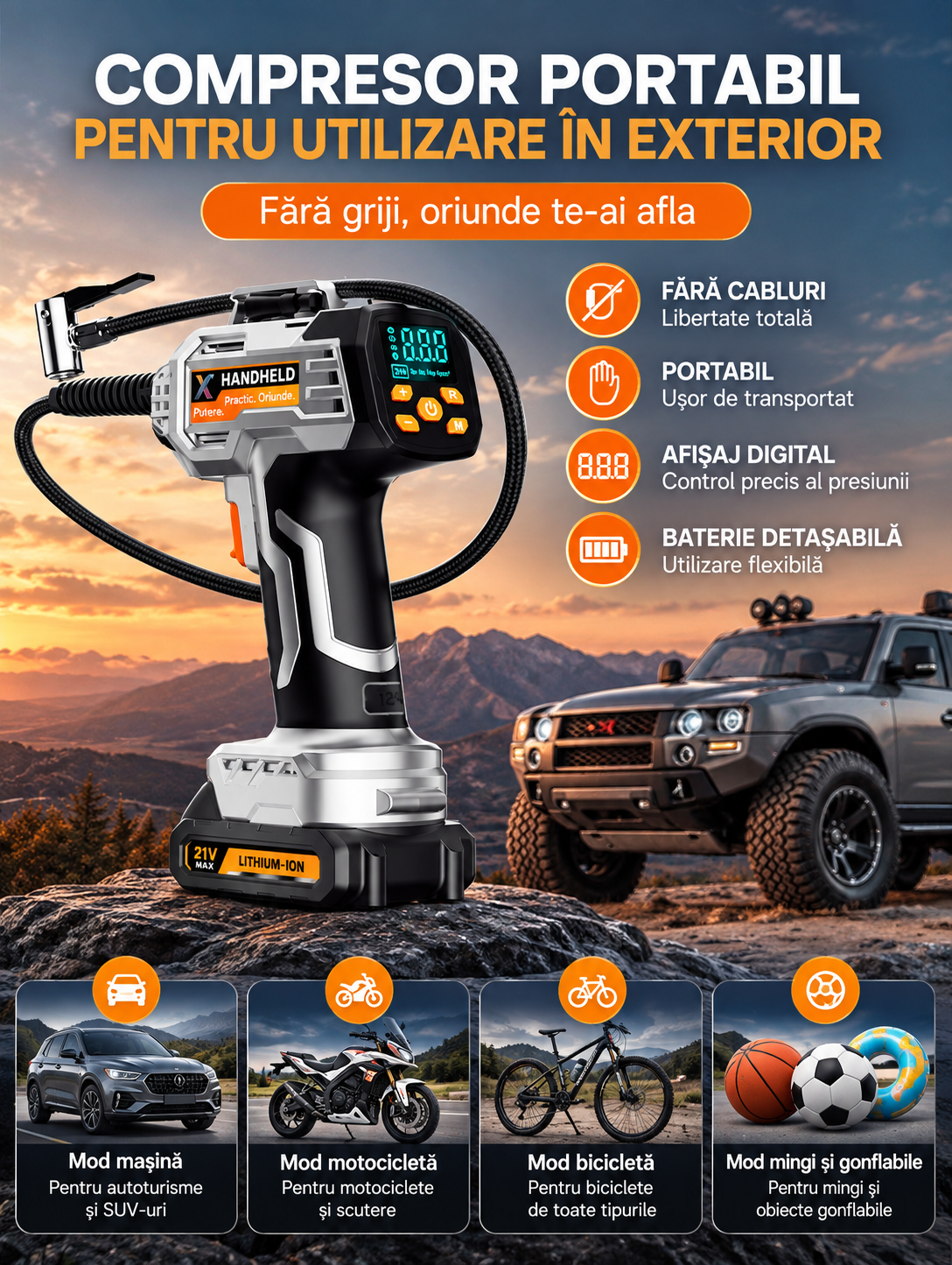 Compresor Auto-Moto Portabil eCarTech®  8026, 125W, 150 PSI, Acumulator Detașabil 10.000 mAh, Display Digital LED, Oprire Automata, Iluminare LED, 5 Moduri, Negru/Portocaliu [7]