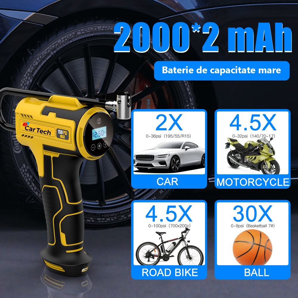 Compresor Aer Portabil Auto & Moto | Acumulator 4000mAh | Display Digital & Încărcare USB-C [6]