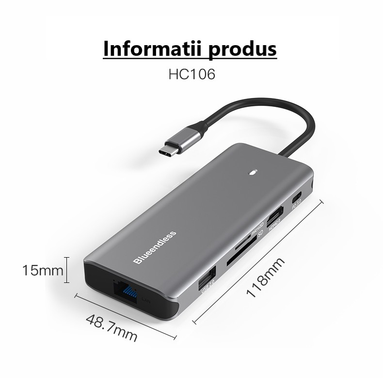 Docking Station USB-C 7-in-1 cu Încărcare 100W PD HDMI 4K  Gigabit LAN și Cititor Carduri SDTF - Bluendless [3]