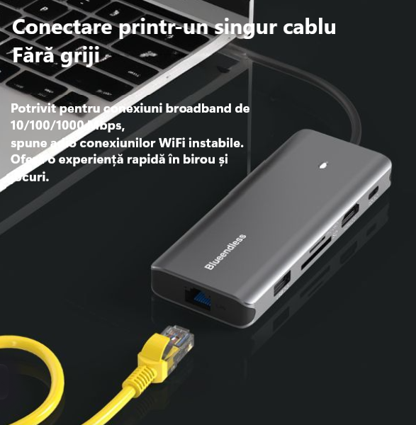 Docking Station USB-C 7-in-1 cu Încărcare 100W PD HDMI 4K  Gigabit LAN și Cititor Carduri SDTF - Bluendless [8]