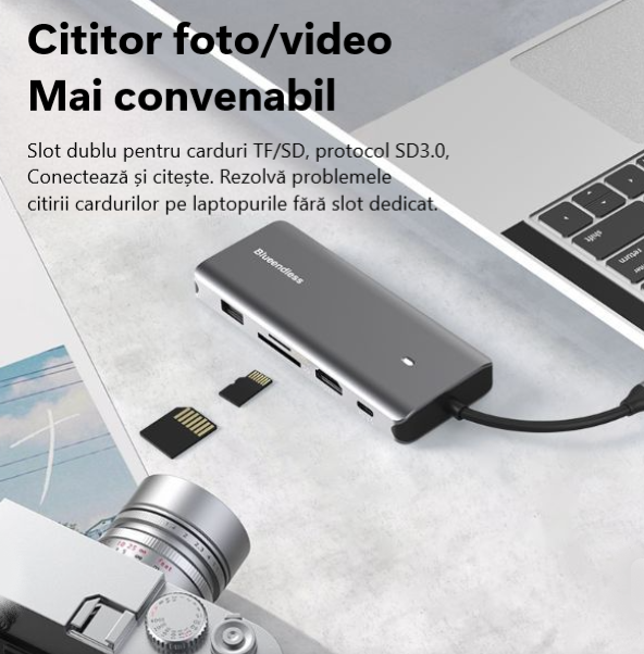 Docking Station USB-C 7-in-1 cu Încărcare 100W PD HDMI 4K  Gigabit LAN și Cititor Carduri SDTF - Bluendless [9]