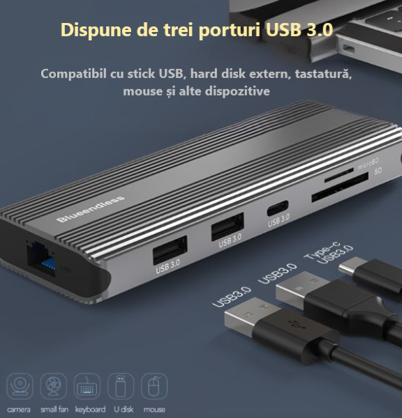 Docking Station USB-C cu Dual HDMI 8K 3x USB 3.0 RJ45 PD 100W Suport Dual Display 120Hz Model HD105 [8]
