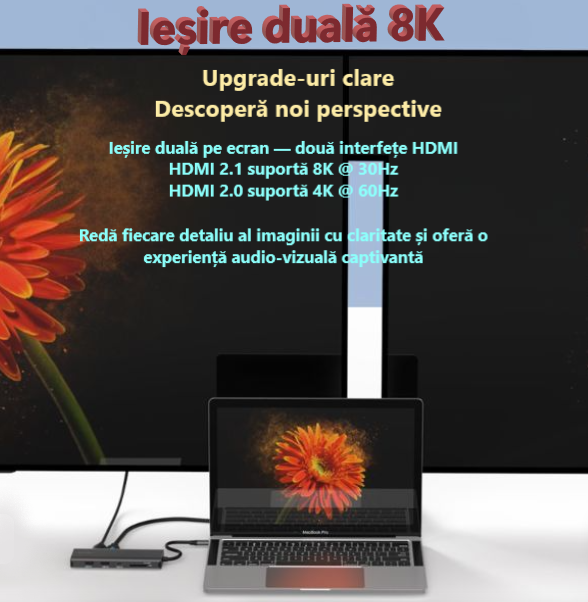 Docking Station USB-C cu Dual HDMI 8K 3x USB 3.0 RJ45 PD 100W Suport Dual Display 120Hz Model HD105 [7]