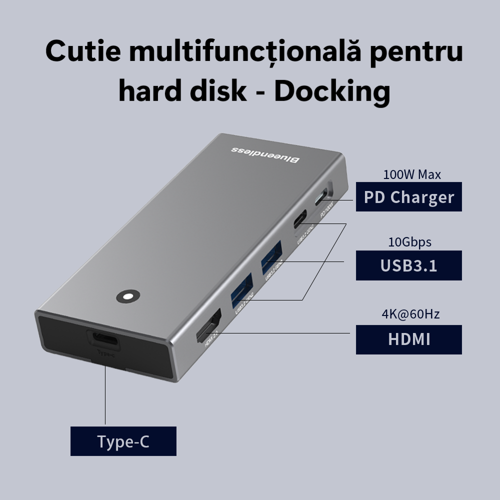 Docking Station USB-C NVMeSATA SSD  Hub 10Gbps cu HDMI 4K60Hz, 100W PD, Cititor Card SDTF, Carcasă Aluminiu – Compatibil M.2 2230 2242 2260 2280 [2]