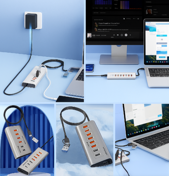 Hub USB 3.0 cu 10 porturi 7x USB-A 3x USB C viteză 5 Gbps alimentare 12V 3A carcasă aluminiu [2]