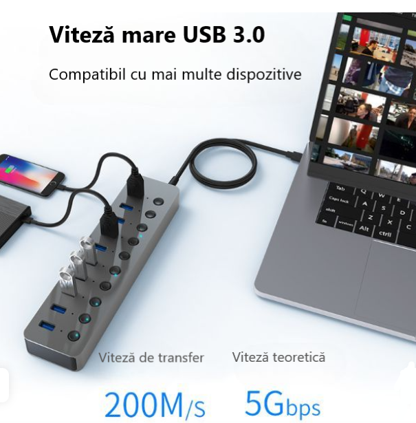 Hub USB 3.0 cu 10 porturi și comutatoare individuale LED Power Indicator Viteză 5Gbps [2]