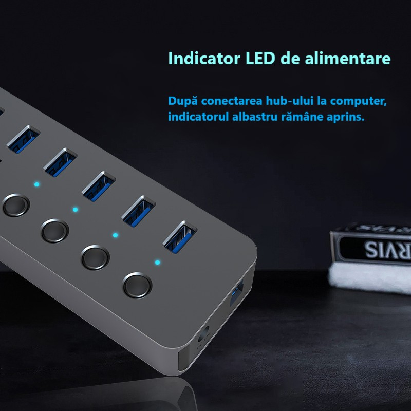 Hub USB 3.0 cu 10 porturi și comutatoare individuale LED Power Indicator Viteză 5Gbps [5]