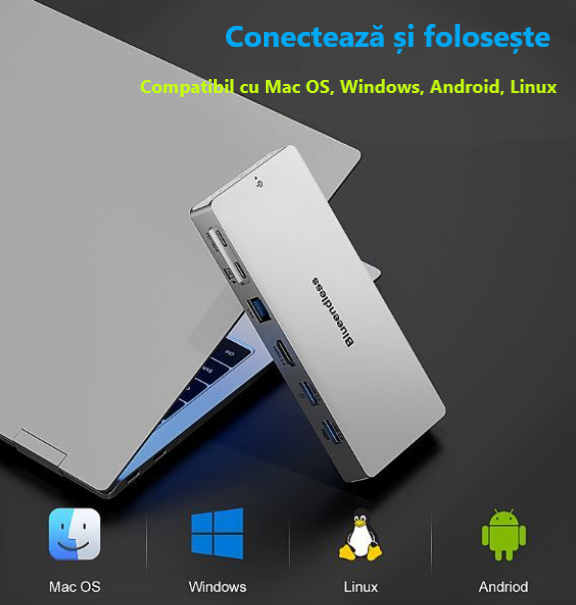 Hub USB C 10Gbps cu HDMI 4K60Hz PD 100W carcasă aluminiu Compatibil Windows Mac Linux Model HC1406 [10]