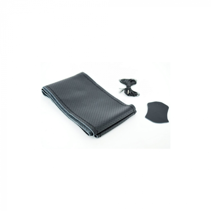 Husa pentru volan din piele perforata, universala, marimea L 45cm, culoare negru + ata neagra si ac [2]
