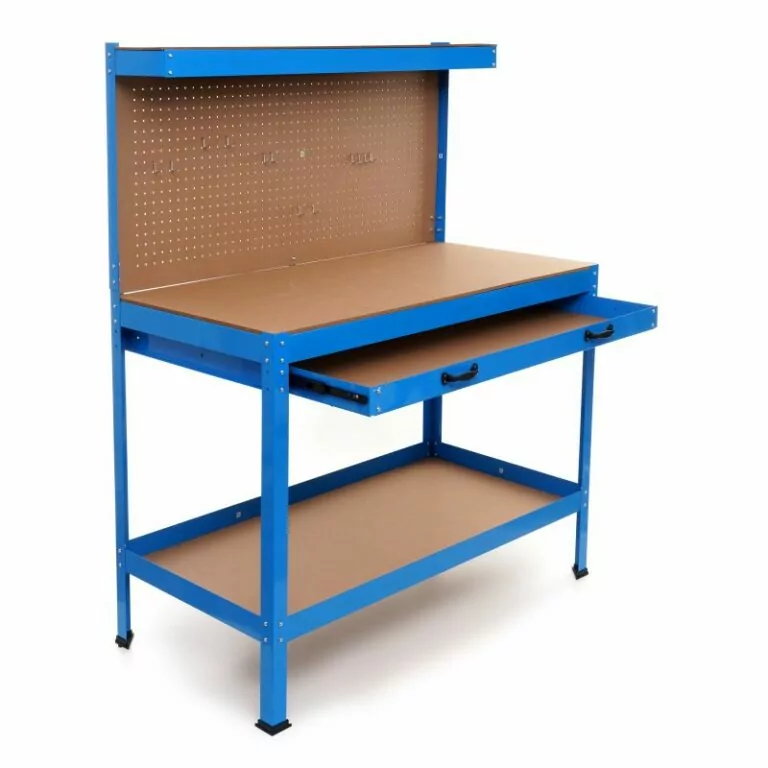 Masă de Lucru cu Sertar și Perete Suport – 120x60 cm, 100 kg, cu 12 Cârlige Metalice [5]