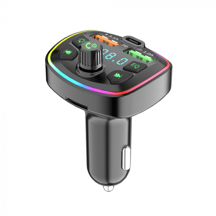 Modulator FM, Bluetooth 5.0, Functie incarcare auto, Afisaj digital, RGB, Negru [2]