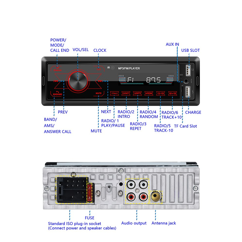 MP3 Player Auto 1DIN cu Bluetooth, Handsfree, USB, SD, AUX, FM Radio 7 culori cu butoane frontale touch – Model M10 [7]