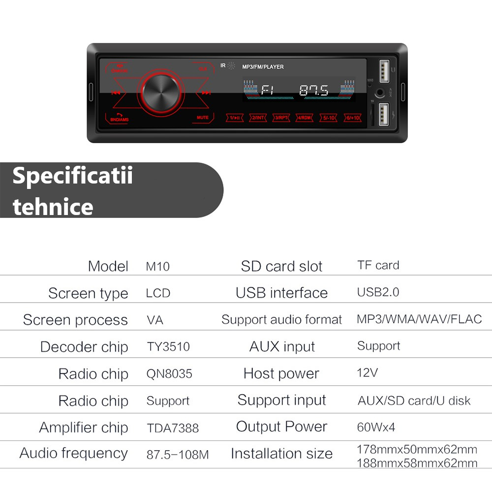 MP3 Player Auto 1DIN cu Bluetooth, Handsfree, USB, SD, AUX, FM Radio 7 culori cu butoane frontale touch – Model M10 [6]