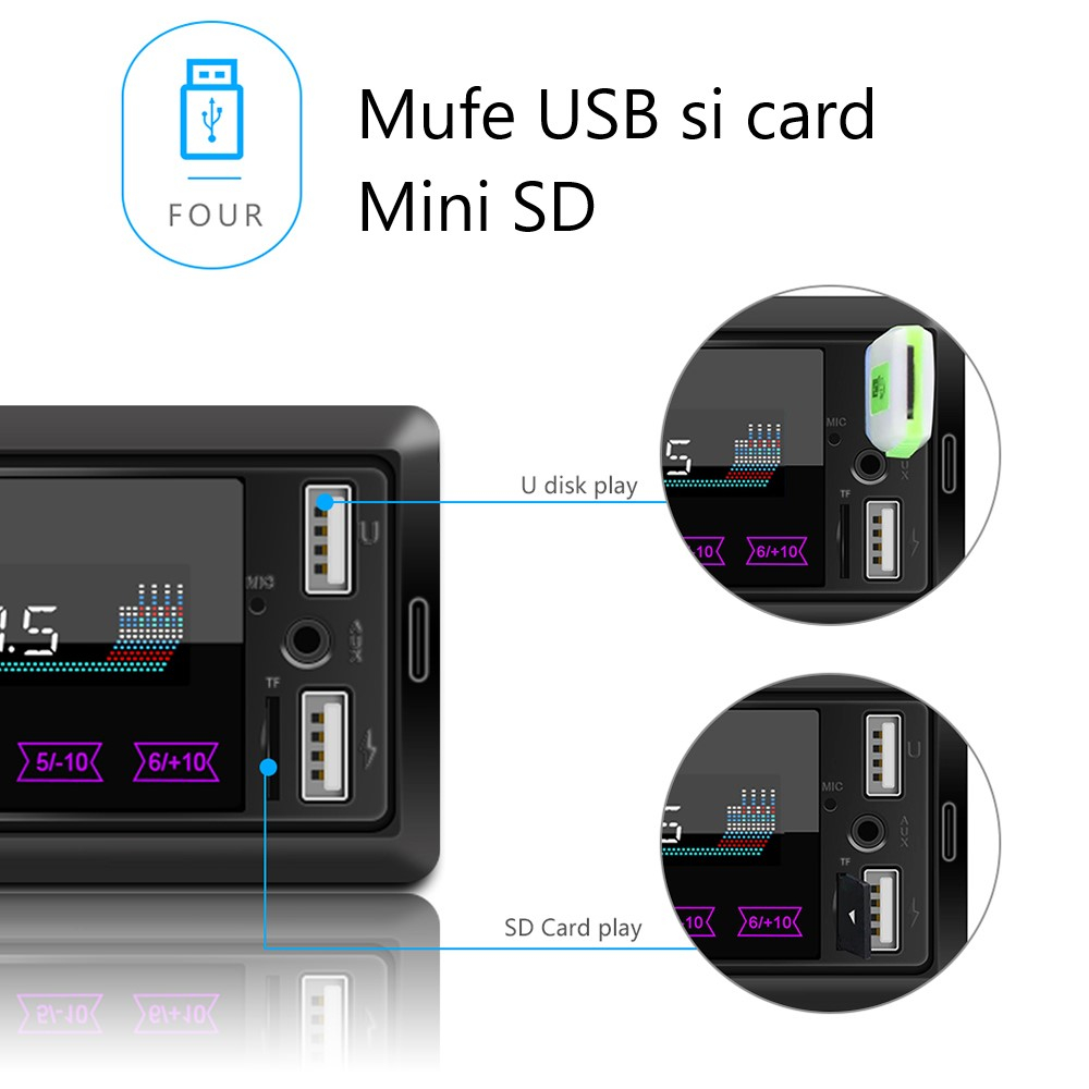 MP3 Player Auto 1DIN cu Bluetooth, Handsfree, USB, SD, AUX, FM Radio 7 culori cu butoane frontale touch – Model M10 [5]