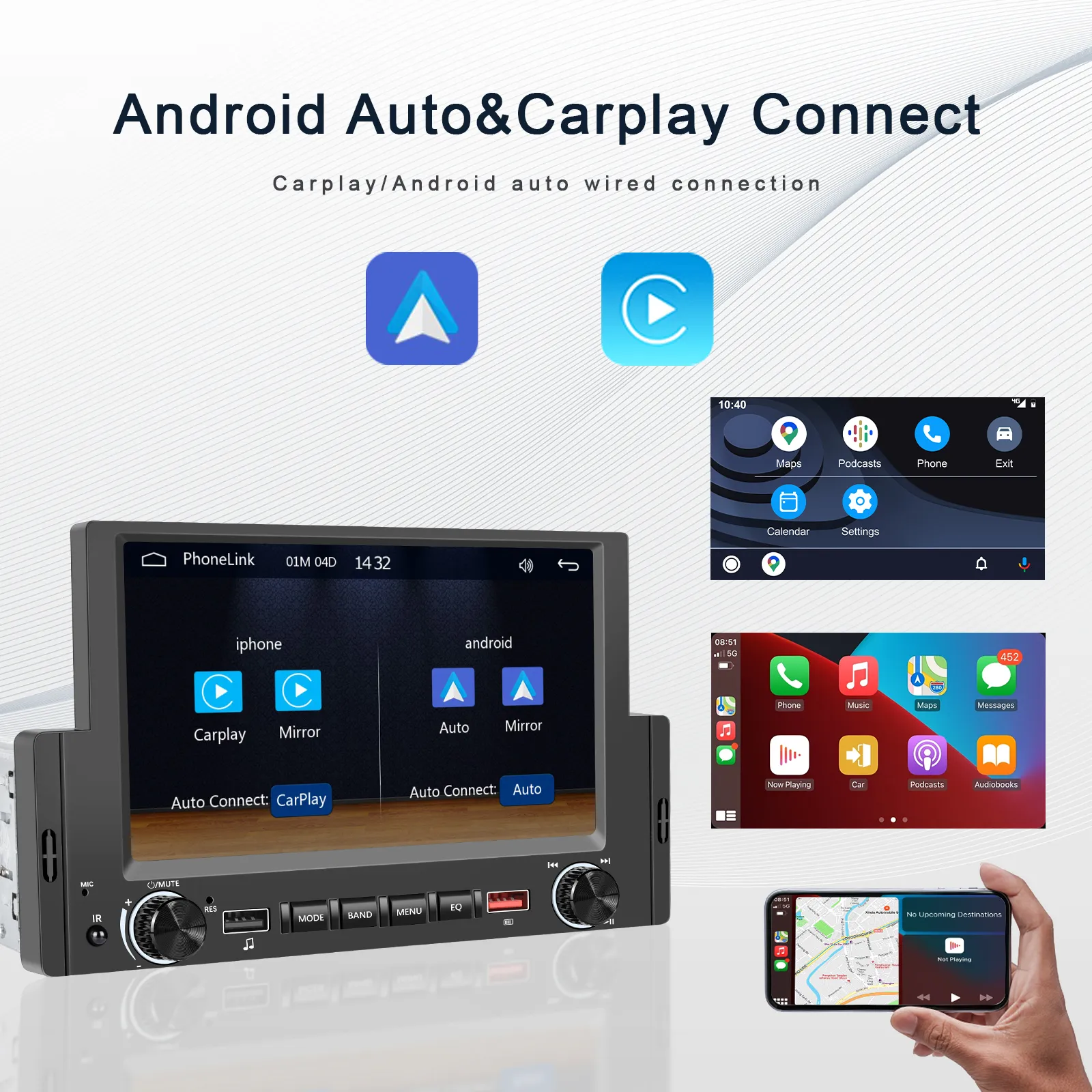 MP5 Player Auto 1DIN, CarPlay si Android Auto wireless, USB Fast Charge, Bluetooth, ecran tactil 6.2 inch [7]