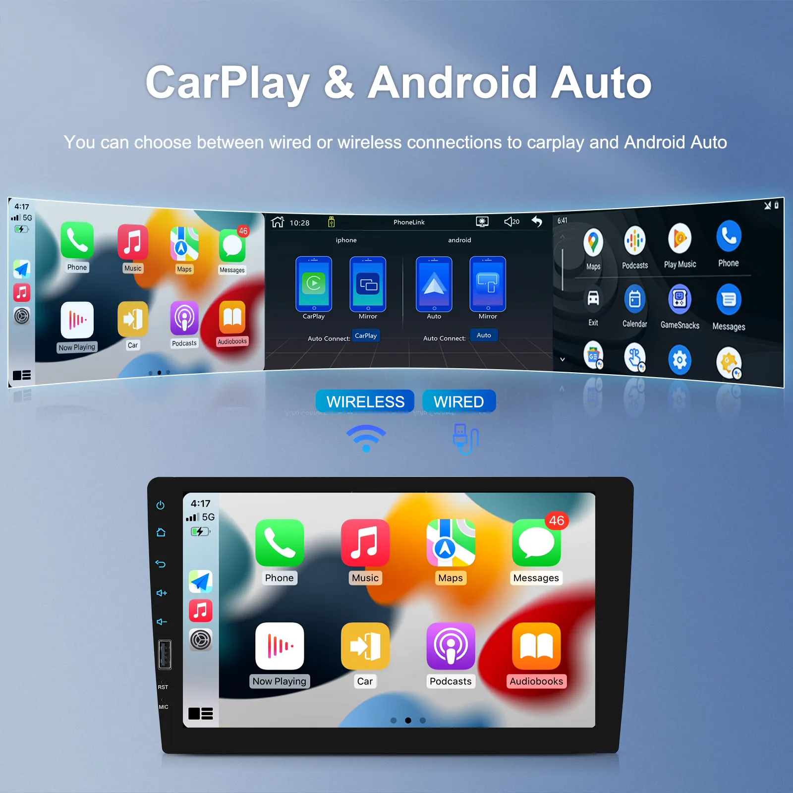 MP5 Player Auto 1DIN Universal, CarPlay si Android Auto wireless, Bluetooth, USB frontal, RCA Subwoofer, ecran 9 Inch [13]