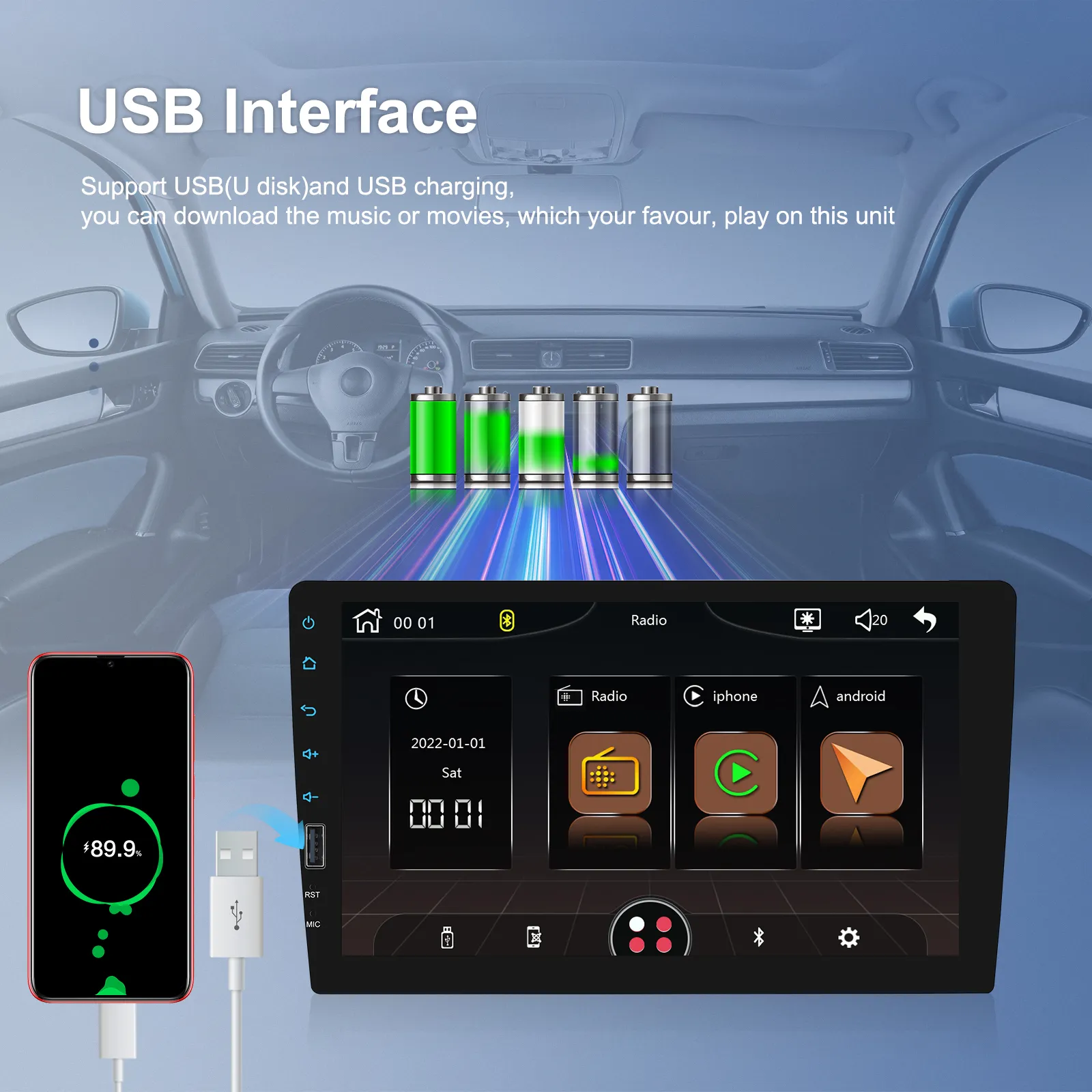 MP5 Player Auto 1DIN Universal, CarPlay si Android Auto wireless, Bluetooth, USB frontal, RCA Subwoofer, ecran 9 Inch [10]