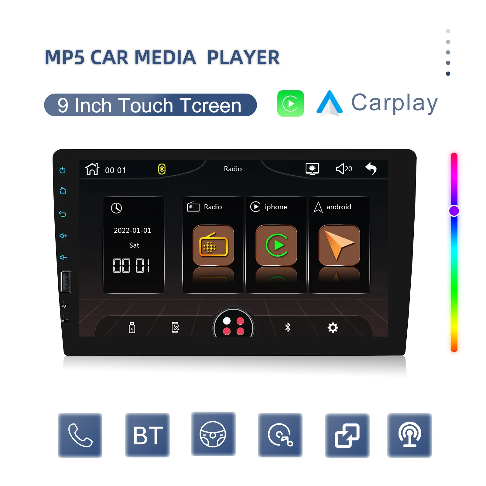 MP5 Player Auto 1DIN Universal, CarPlay si Android Auto wireless, Bluetooth, USB frontal, RCA Subwoofer, ecran 9 Inch [4]