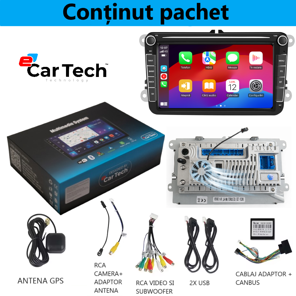 Navigatie Volkswagen|Skoda|Seat cu Android 13, Carplay, 4GB RAM 64GB ROM DSP, SIM 4G, Ecran de 9 inch, dedicata Golf 5, Golf 6, Jetta, Passat B6, CC, B7, Polo, Tiguan, Touran, Skoda, Seat [10]