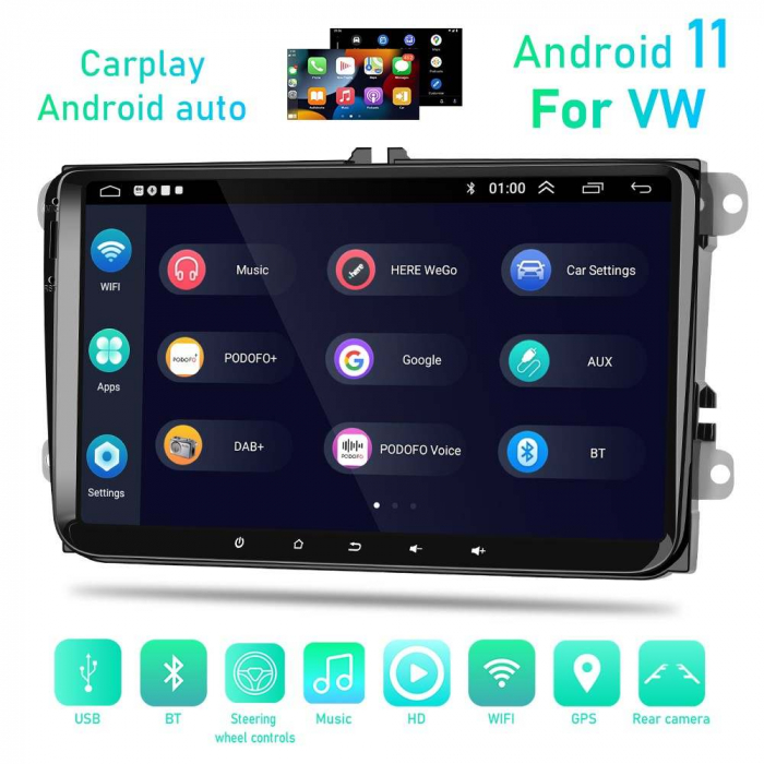 Navigatie Volkswagen|Skoda|Seat cu Android 11, Carplay, 2GB RAM 32GB ROM, Ecran de 9 Inch, dedicata Golf 5, Golf 6, Jetta, Passat B6, CC, B7, Polo, Tiguan, Touran, Skoda, Seat [3]