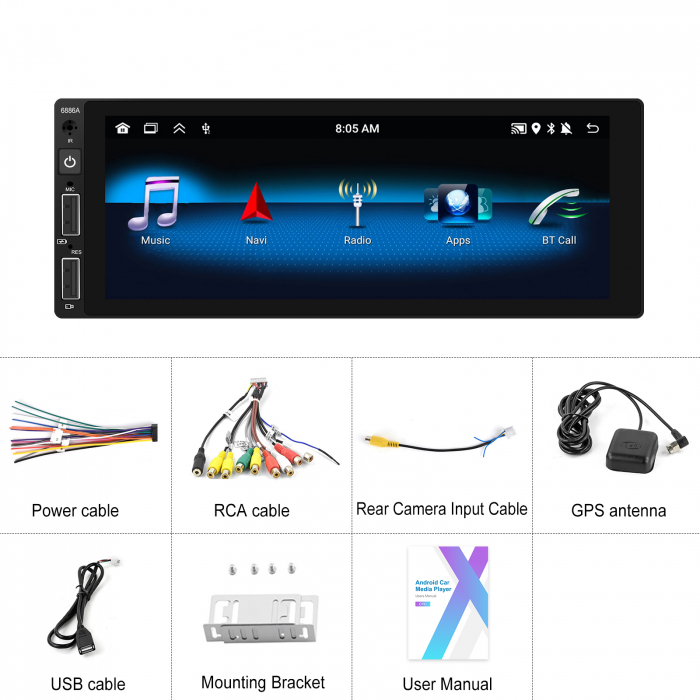 Navigatie Android 13, Player 1DIN 2GB 64GB, CarPlay si Android Auto wifi, DSP, RDS, Universal, ecran 6.86 Inch [12]