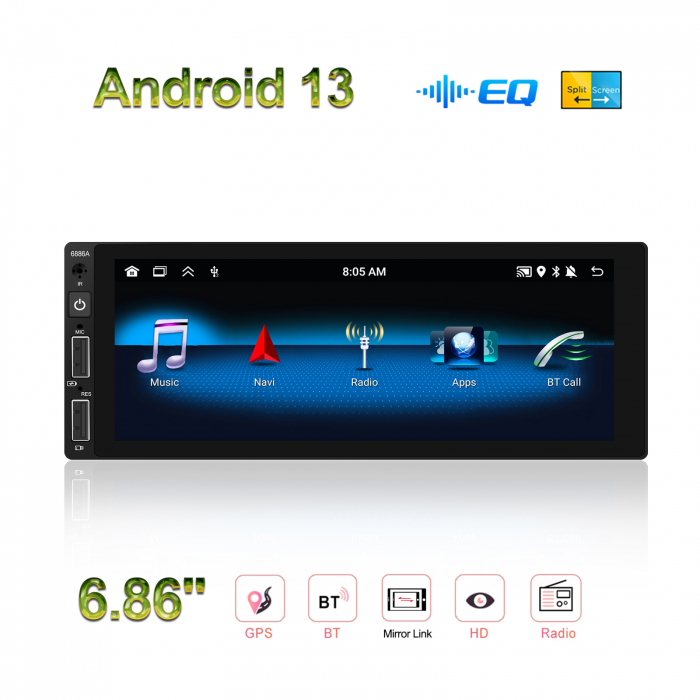 Navigatie Android 13, Player 1DIN 2GB 64GB, CarPlay si Android Auto wifi, DSP, RDS, Universal, ecran 6.86 Inch [4]