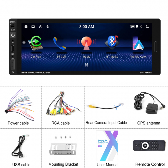 Navigatie Android 13, Player 1DIN 2GB+64GB, CarPlay si Android Auto wifi, DSP, RDS, Universal, USB FRONTAL, ecran 6.86 Inch [10]