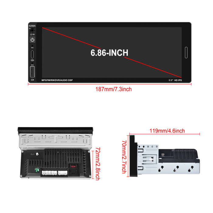Navigatie Android 13, Player 1DIN 2GB+64GB, CarPlay si Android Auto wifi, DSP, RDS, Universal, USB FRONTAL, ecran 6.86 Inch [4]