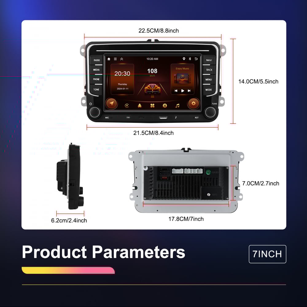 Navigație Android,Volkswagen, Skoda, Seat - 2+64 GB, USC C Frontal,CarPlay & Android Auto, ecran 7"|Compatbil Golf 5, Golf 6, Jetta, Passat B6/B7/CC, Polo, Tiguan [4]