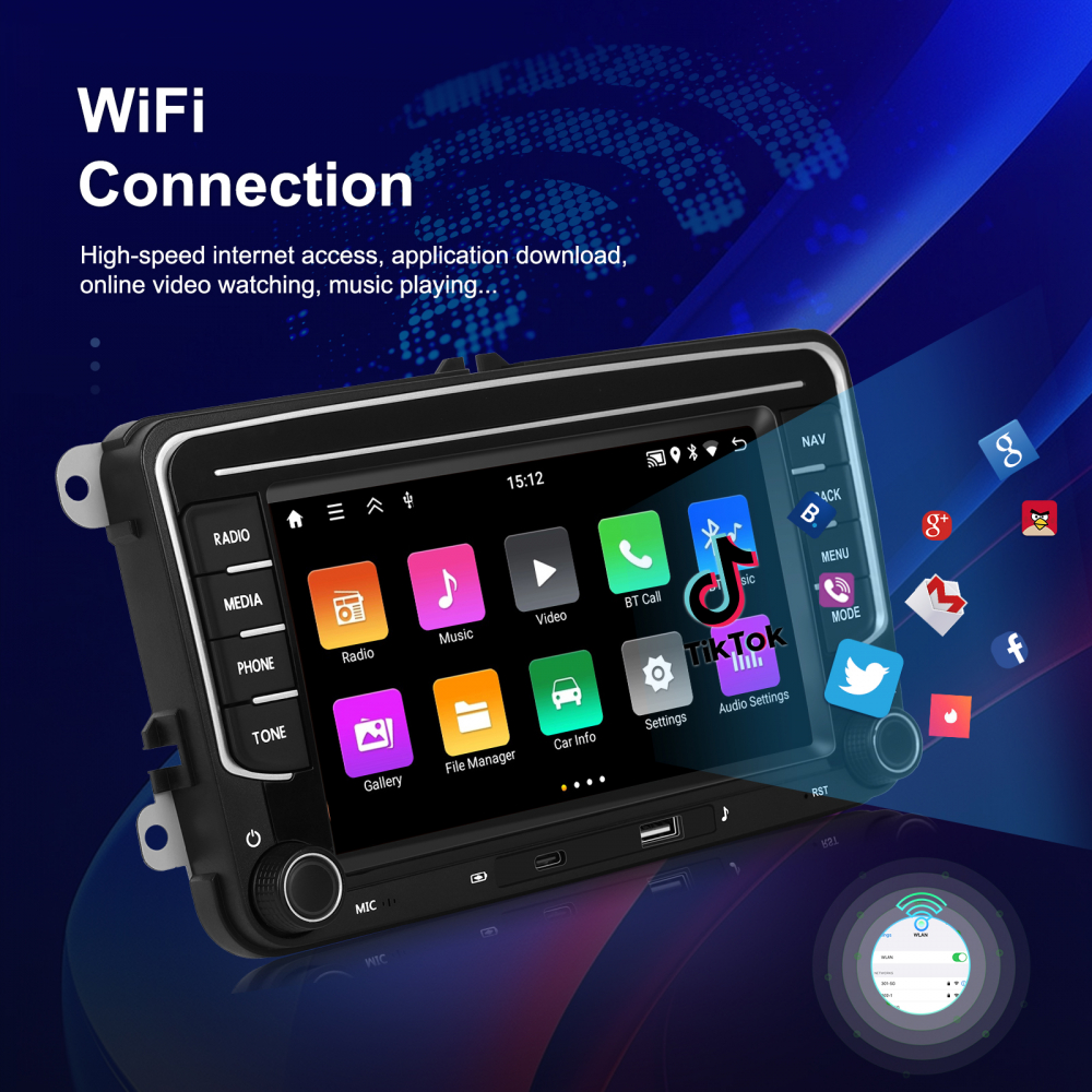 Navigație Android,Volkswagen, Skoda, Seat - 2+64 GB, USC C Frontal,CarPlay & Android Auto, ecran 7"|Compatbil Golf 5, Golf 6, Jetta, Passat B6/B7/CC, Polo, Tiguan [5]