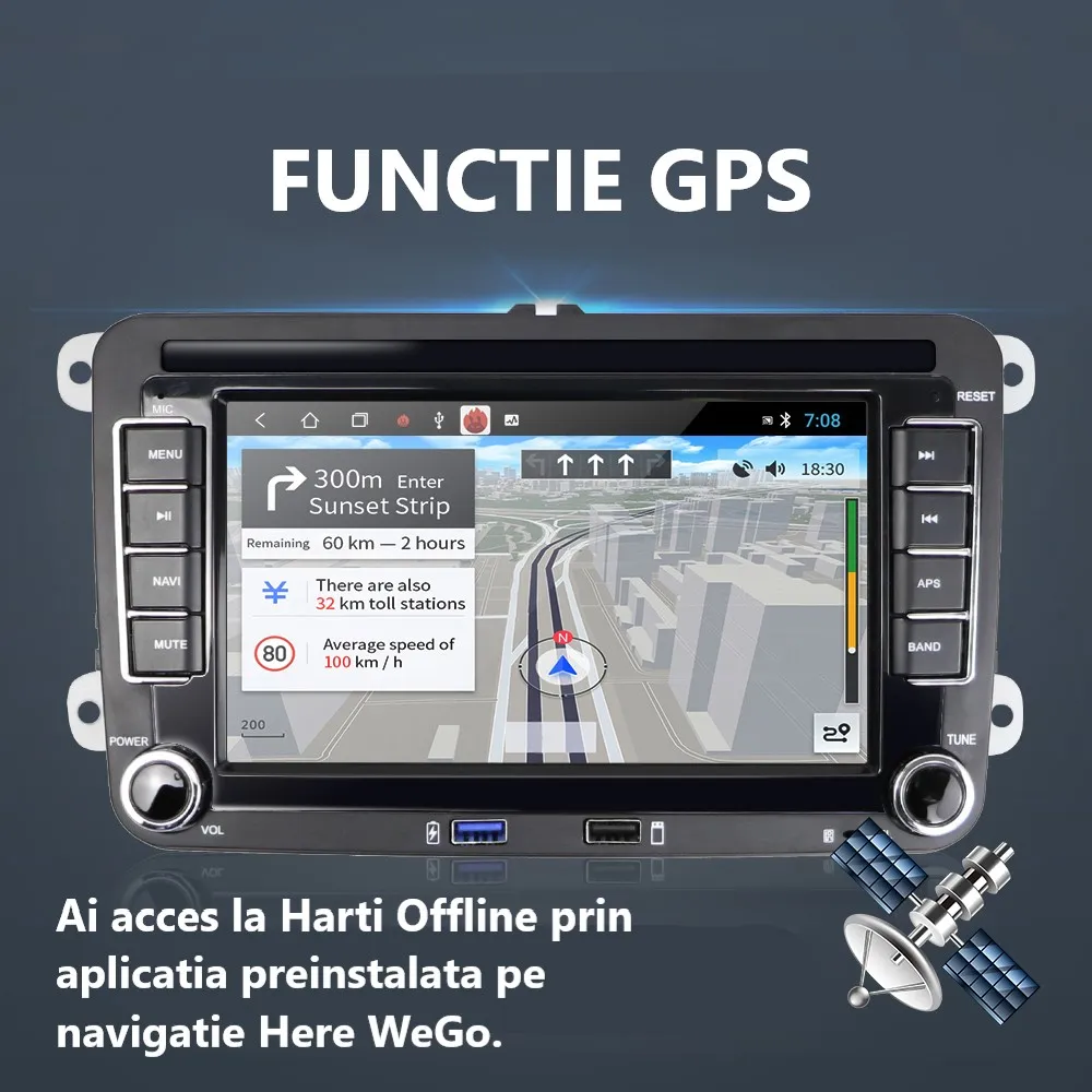 Navigație cu Android, Volkswagen, Skoda, Seat - 2+64 GB, CarPlay & Android Auto, USB Frontal, ecran 7"|Compatibil Golf 5, Golf 6, Jetta, Passat B6/B7/CC, Polo, Tiguan, Touran [21]