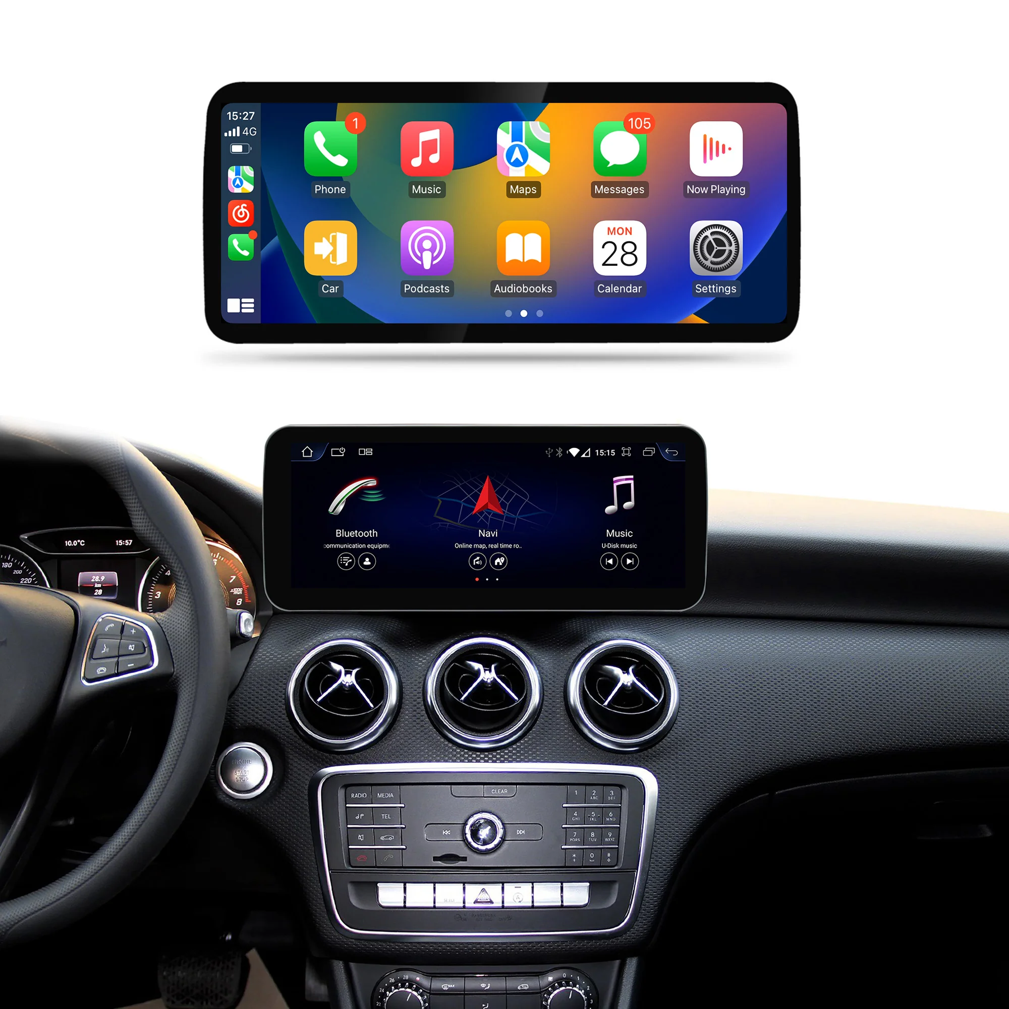 Navigație Android Mercedes Benz A CLA GLA Class W176 C117 X156 (2011-2018), 4 GB RAM, OCTA-CORE, ecran 12.3", NTG 4.5, NTG 5.0, 1920x720, CarPlay, Android Auto, 4G și WiFi [2]