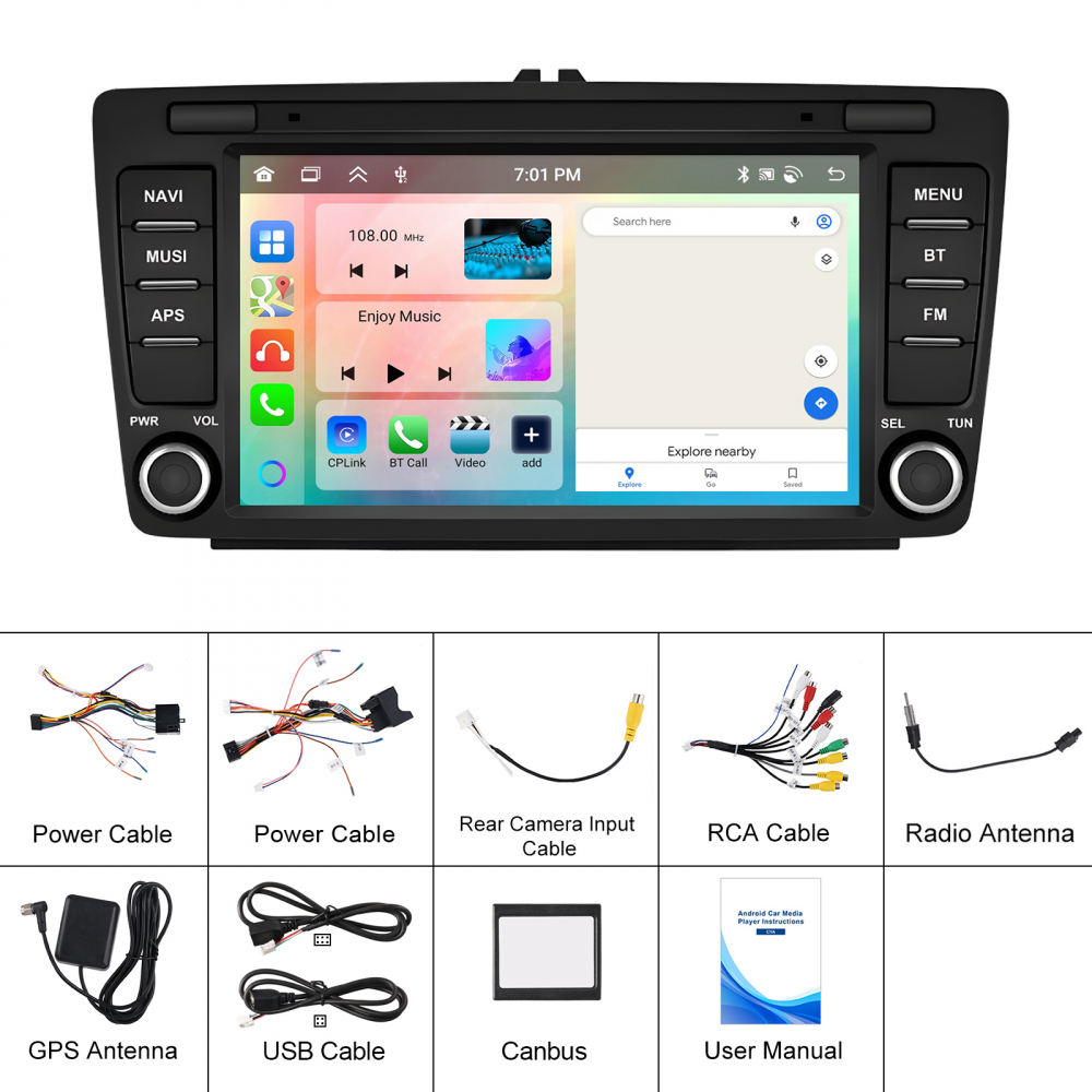 Navigație Skoda Octavia 2 (2004-2013)|4GB RAM, 64GB ROM, Ecran 7 inch OEM, CarPlay și Android Auto Wireless, Radio RDS [10]