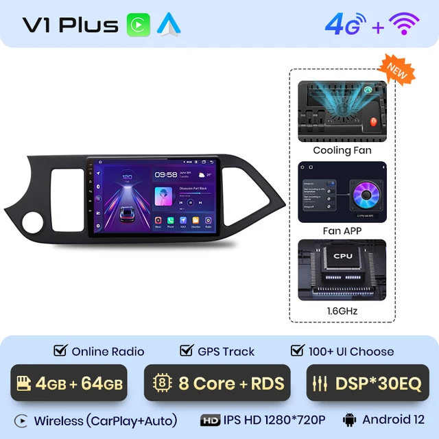 Navigatie Android Kia Picanto (2011-2016), Android 12, DSP 4GB RAM 64GB ROM, Cartela SIM 4G, CarPlay si Android Auto Wi-fi, Youtube, Waze [2]