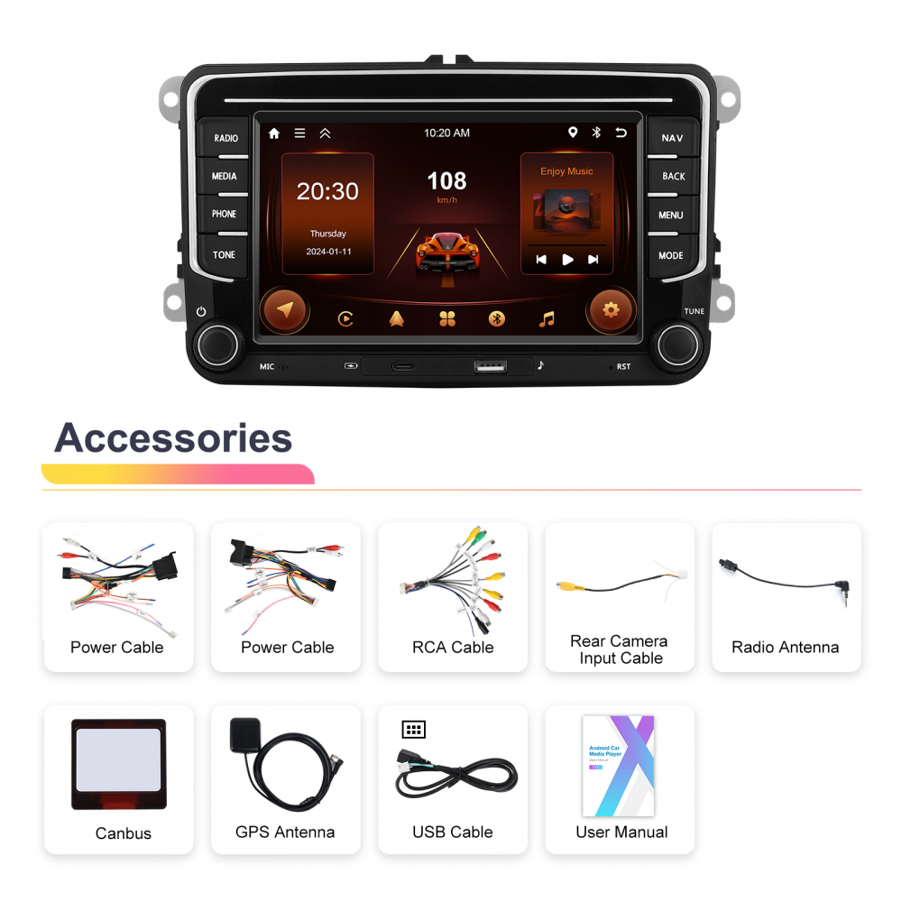 Navigație Android,Volkswagen, Skoda, Seat - 2+64 GB, USC C Frontal,CarPlay & Android Auto, ecran 7"|Compatbil Golf 5, Golf 6, Jetta, Passat B6/B7/CC, Polo, Tiguan [10]