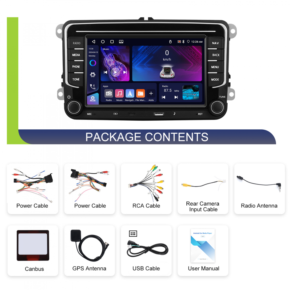 Navigație Android,Volkswagen, Skoda, Seat - 4+64 GB, USC C Frontal,CarPlay & Android Auto, ecran 7"|Compatbil Golf 5, Golf 6, Jetta, Passat B6/B7/CC, Polo, Tiguan [3]