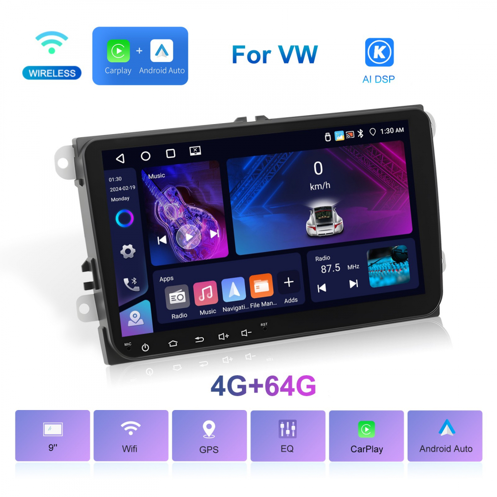 Navigație Android,Volkswagen, Skoda, Seat - 4+64 GB, USC C Frontal,CarPlay & Android Auto, ecran 9 inch Compatbil Golf 5, Golf 6, Jetta, Passat  B6 B7 CC, Polo, Tiguan [2]