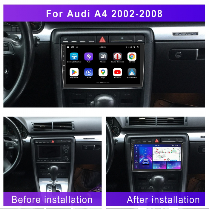 Navigatie Audi A4 B6-B7 (2001-2008), 8GB RAM 128GB, Android 12, SLOT SIM 4G, DSP, CarPlay si Android Auto, ecran 9 inch [2]